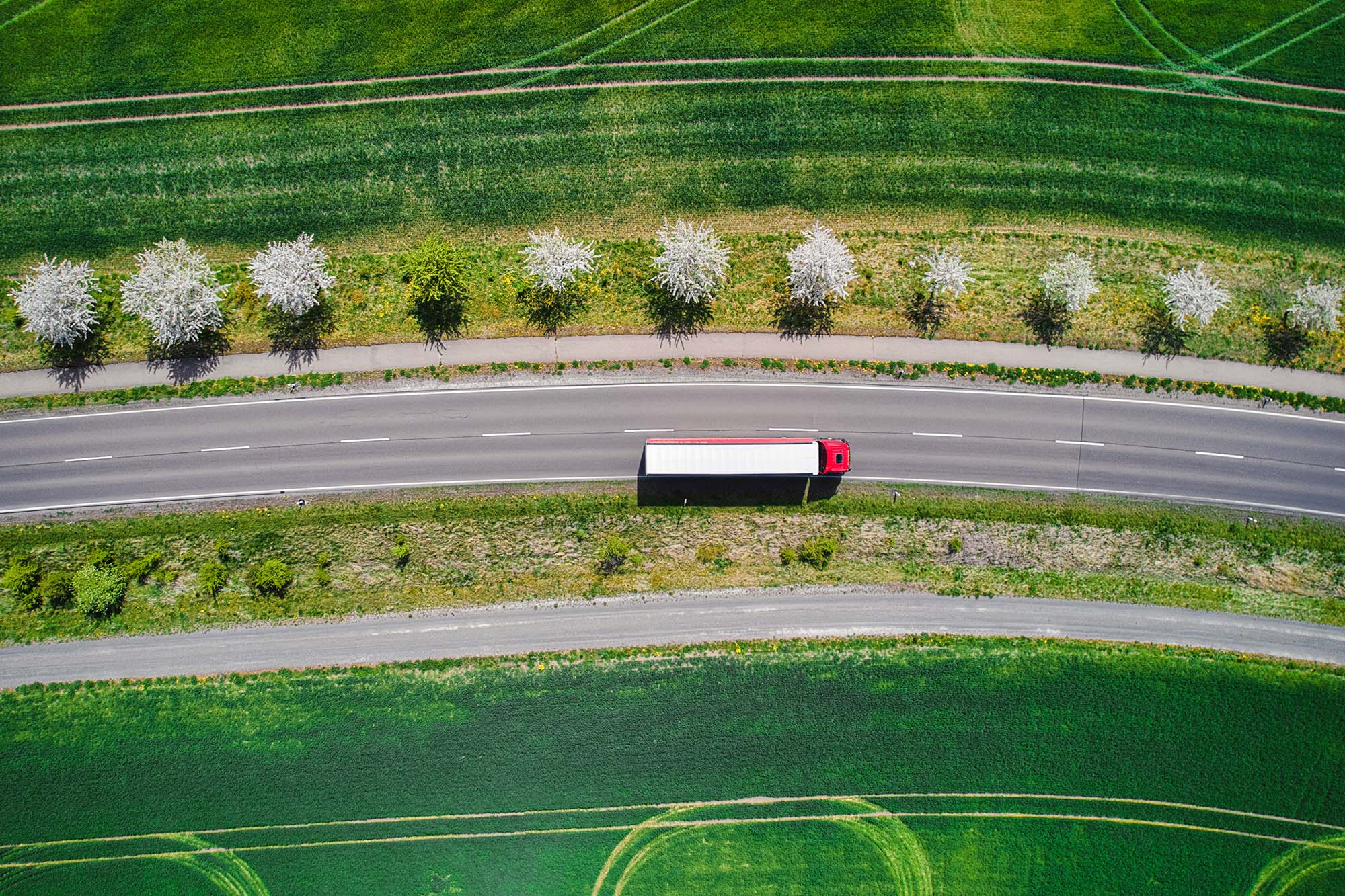 
A truck on a road in a green landscape.